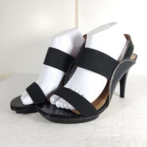 Donald.JPliner Women’s US9, 5M Black Leather Heel Stretch Strappy Sandals Shoes
